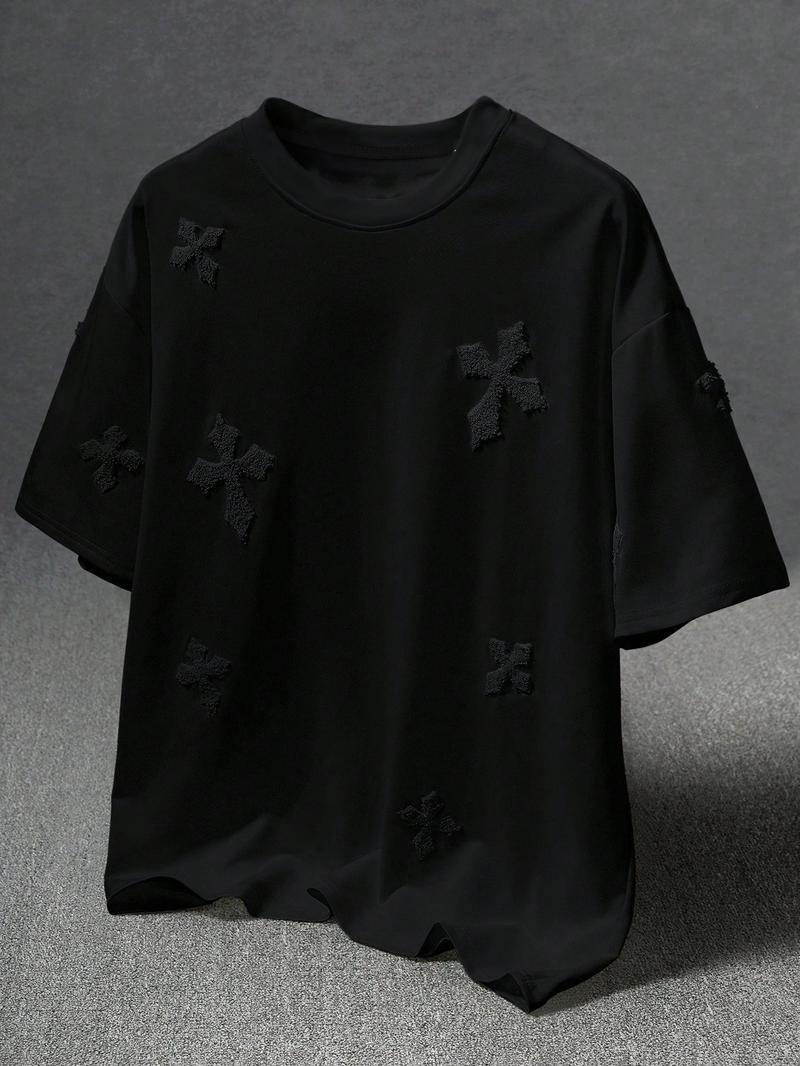 Men's Cross Stitch Embroidered Solid Color Round Neck T-Shirt, Casual Fitted Long Sleeve Top for All Seasons, Sporty College Style