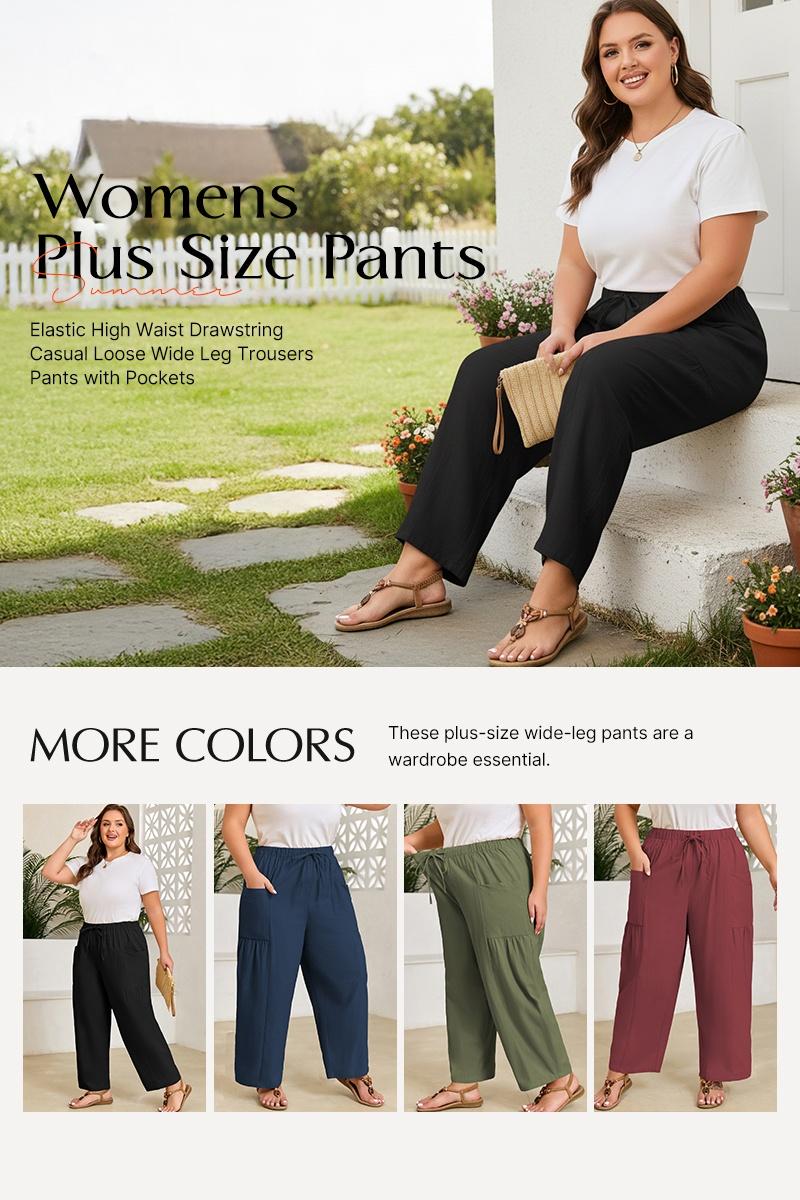 Eytino Womens Plus Size Wide Leg Pants Elastic Waist Drawstring Casual Palazzo Pants Cotton Lounge Trouser with Pockets(1X-5X)