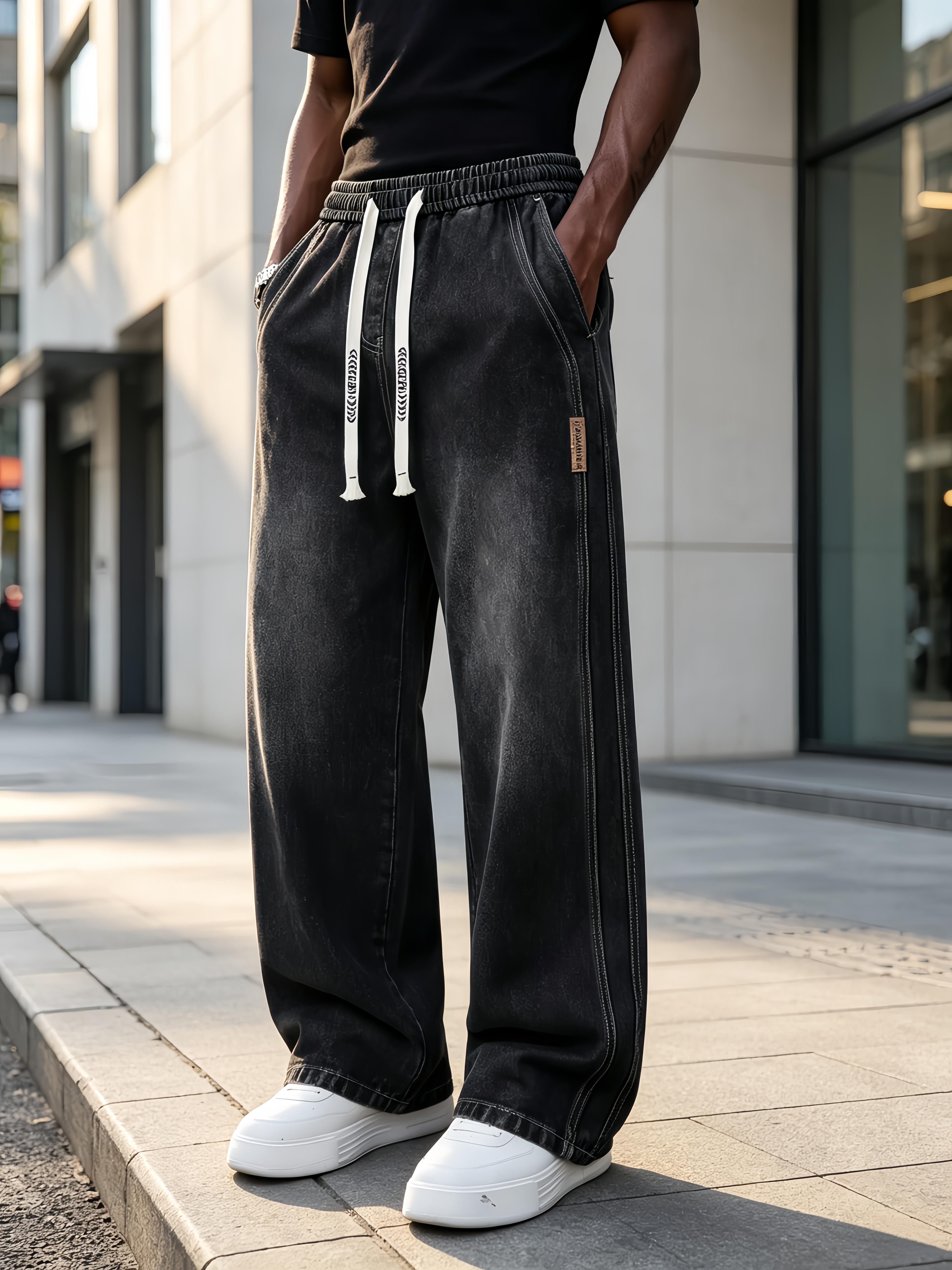2pcs Men's Drawstring Elastic Waist Straight‑Leg Jeans, Plain Versatile Non‑Stretch Denim Pants & Vintage Washed Stretch Denim Jeans, Relaxed Straight‑Leg Fit, Drawstring Pull‑On Design, All‑Season Regular Everyday Long Pants, Casual Versatile Daily Wear