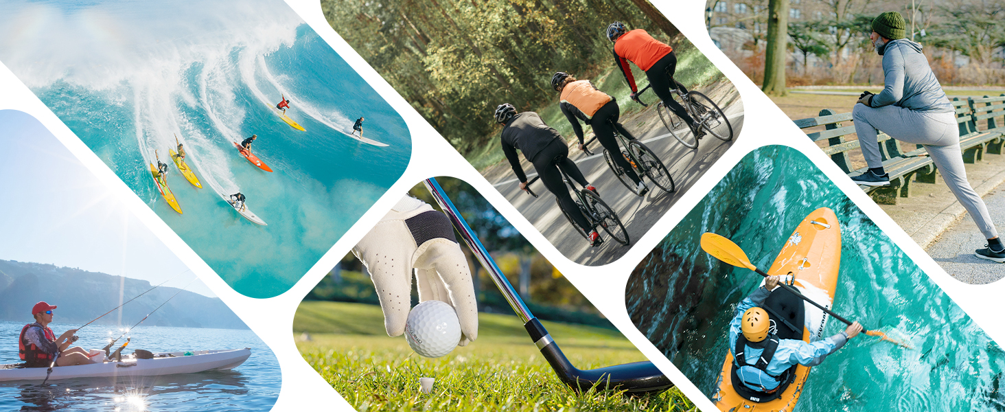 workout, jogging, hiking, golfing, swimming, running, surfing, walking, climbing, fishing, camping