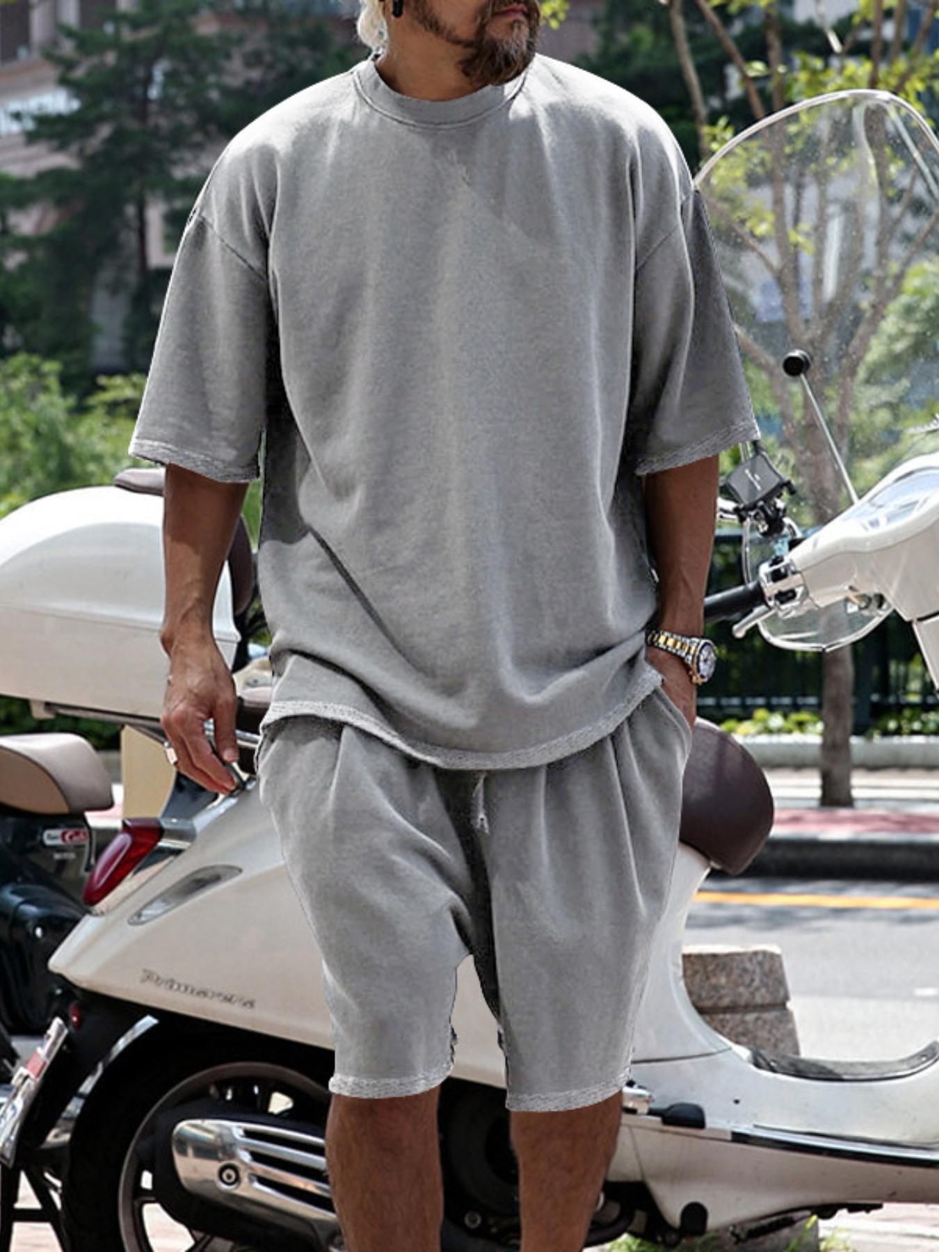 Men's Summer Casual Set, Pure Color Round Neck Short Sleeve Knit Tee & Shorts, Classic Loose Fit Sportswear, Comfortable Daily Wear Outfit Men's Summer Casual Set, Pure Color Round Neck Short Sleeve Knit Tee & Shorts, Classic Loose Fit Sportswear, Comfortable Daily Wear Outfit