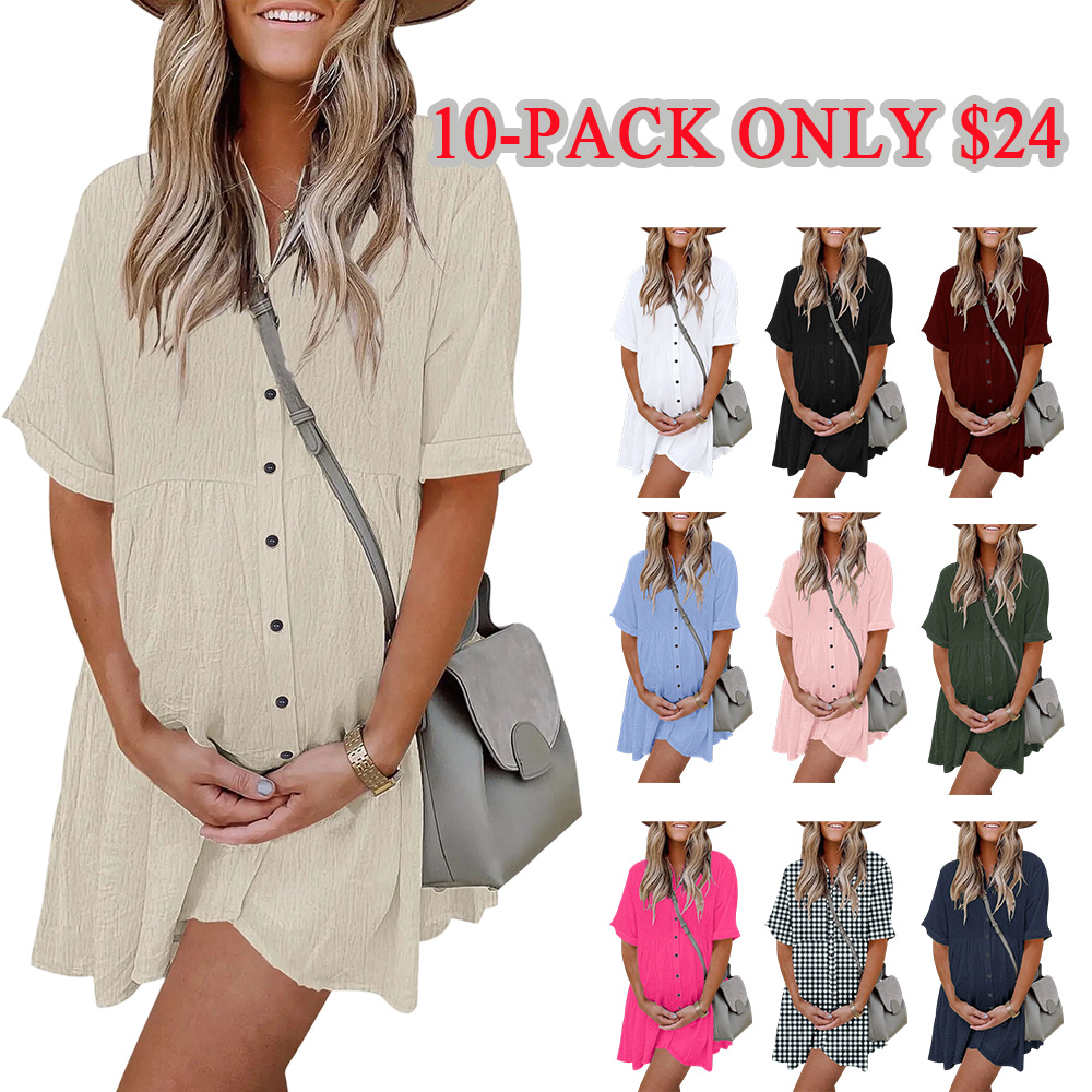 Babydoll Dress for Women Short Sleeve Button Down Textured Non-clingy Loose Fit Flowy Mini Dress with Pockets
