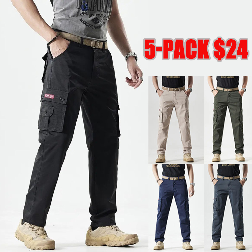 Men's Fitted Plain Solid-Color Straight-Leg Utility Khakis