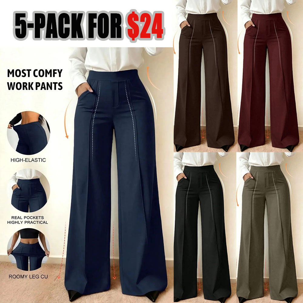 Wide Leg Commuter Pants, Front Center Split with Pockets, Loose Fit Slimming Suit Pants