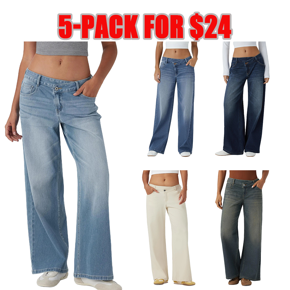 Asymmetric Low Rise Zipper Pockets Baggy Wide Leg Washed Casual Women's Jeans