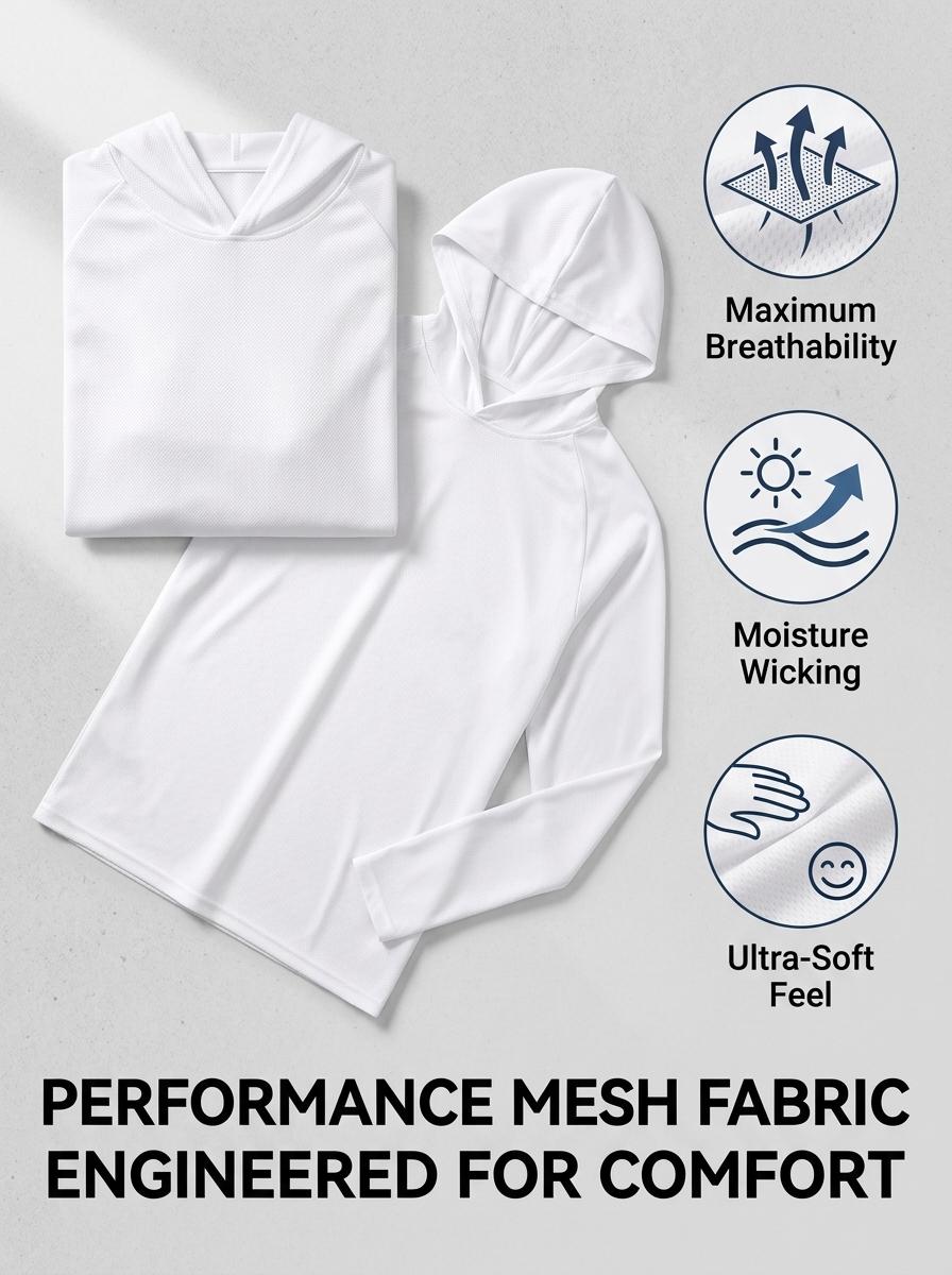 Men's 6-Pack Long-Sleeve Hooded Sun Shirts - Plain Hooded Tee, Lightweight Breathable Mesh Fabric Polyester, Loose Casual Fit, Sun Protection Activewear Pullover for Running, Hiking (White, S-3XL)