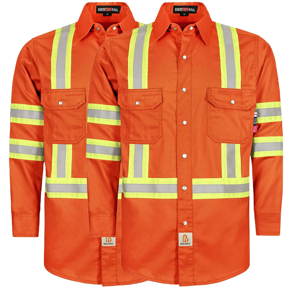 6.5 oz French hi-vis work shirts with pearl snap closure
