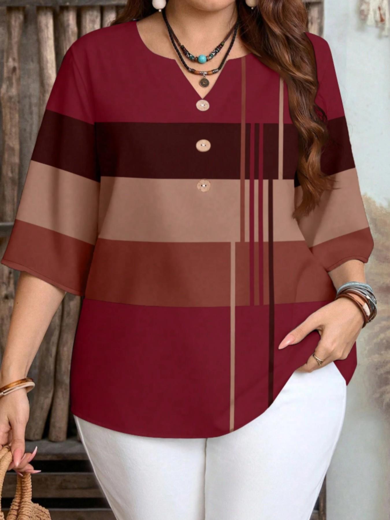 Plus Size Women's Color Block Chic Casual Loose Short Sleeve Blouse Shirt, Striped Pattern Half Sleeve Top for Spring & Summer