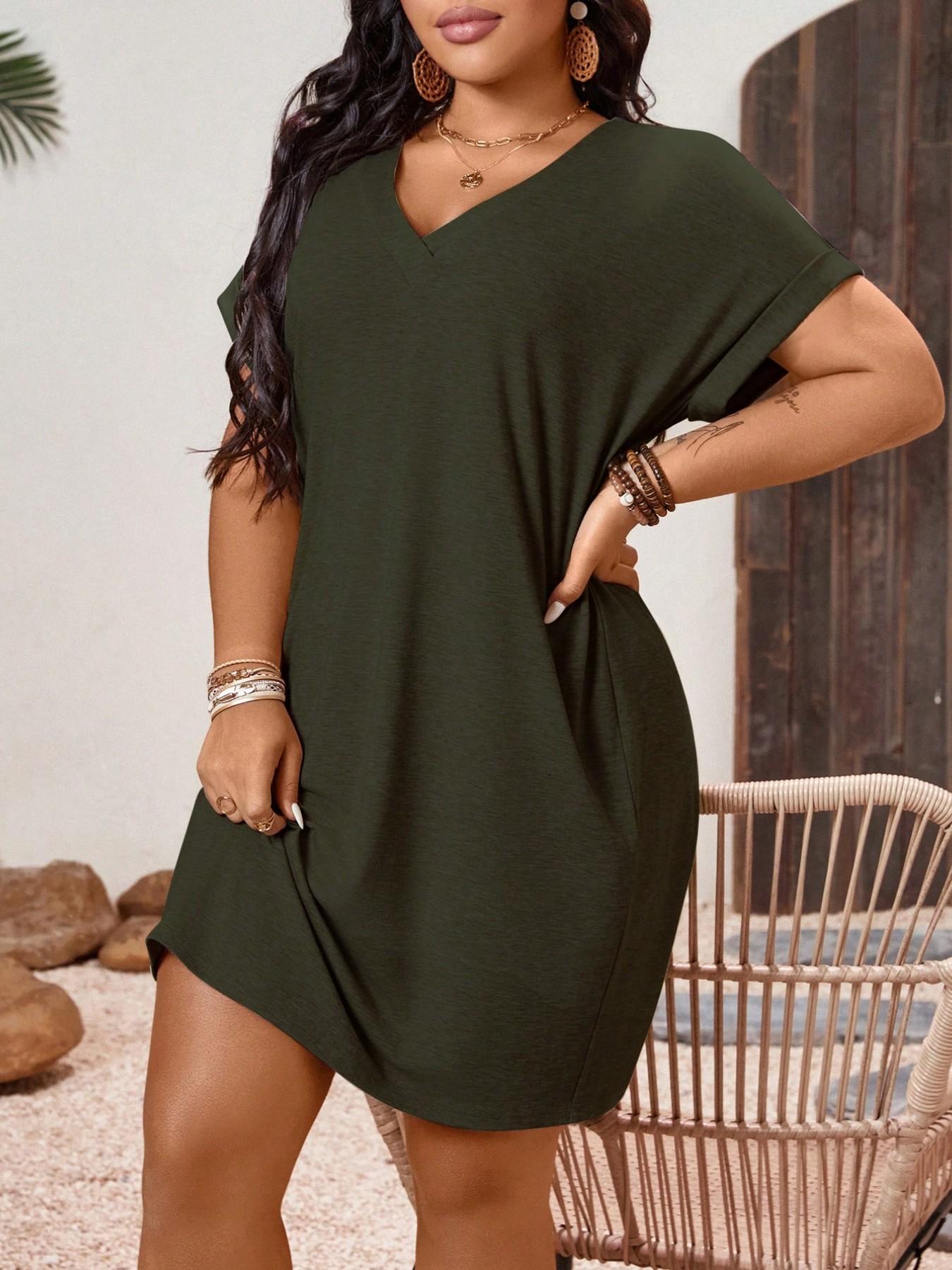 Plus Size Women's Loose T-Shirt Dress, V Neck & Batwing Sleeve Design, Comfortable Casual Summer Wear for Daily Commute, Home Leisure and Vacation, Womenswear