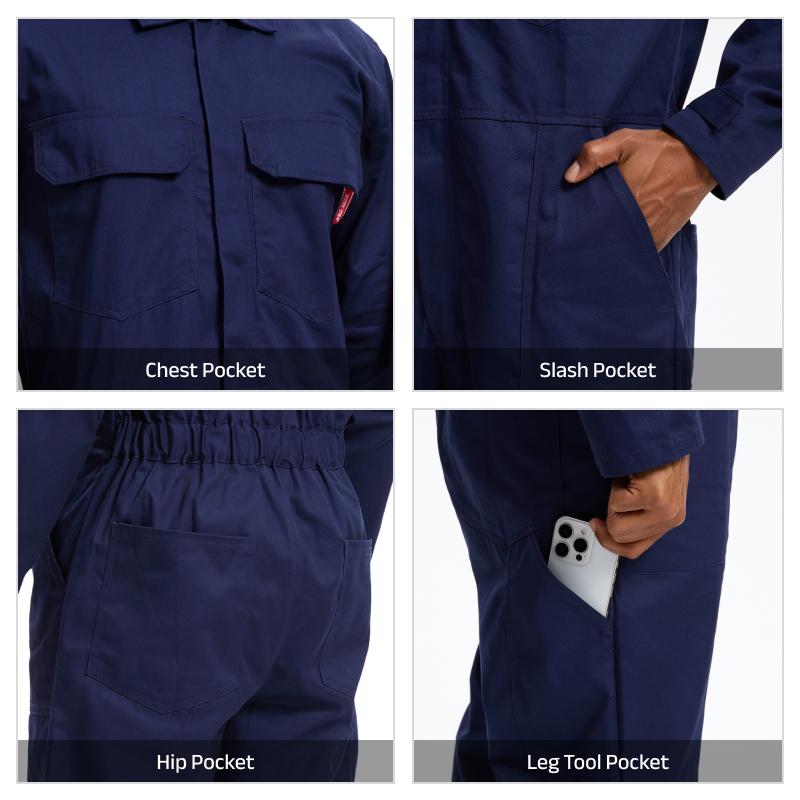 WORK IDEA Men's 100% Cotton Workwear. It features long sleeves, durable twill fabric, multiple pockets for storage, and is suitable for both casual and work scenarios.