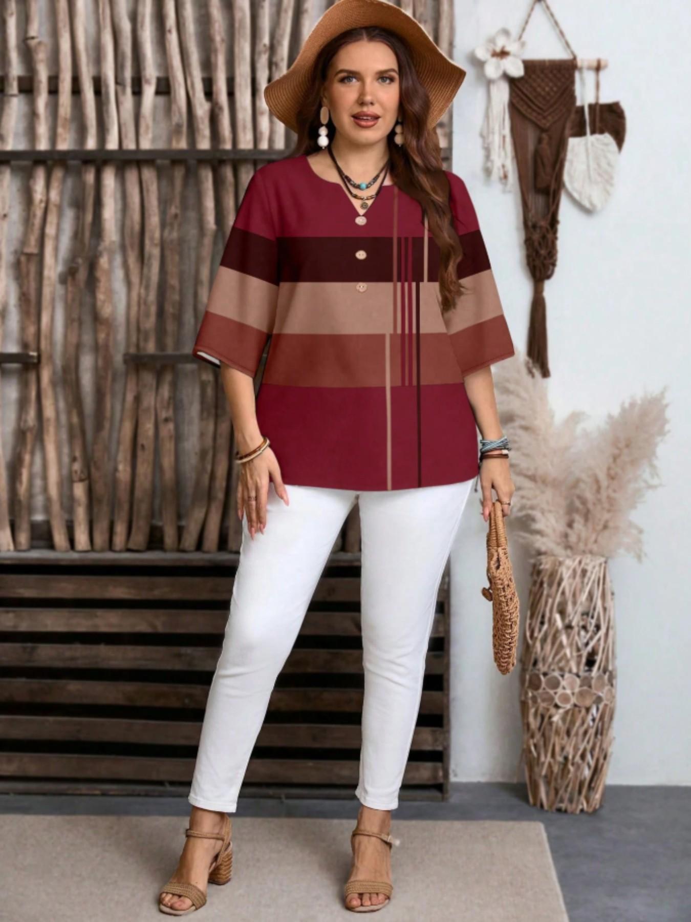 Plus Size Women's Color Block Chic Casual Loose Short Sleeve Blouse Shirt, Striped Pattern Half Sleeve Top for Spring & Summer