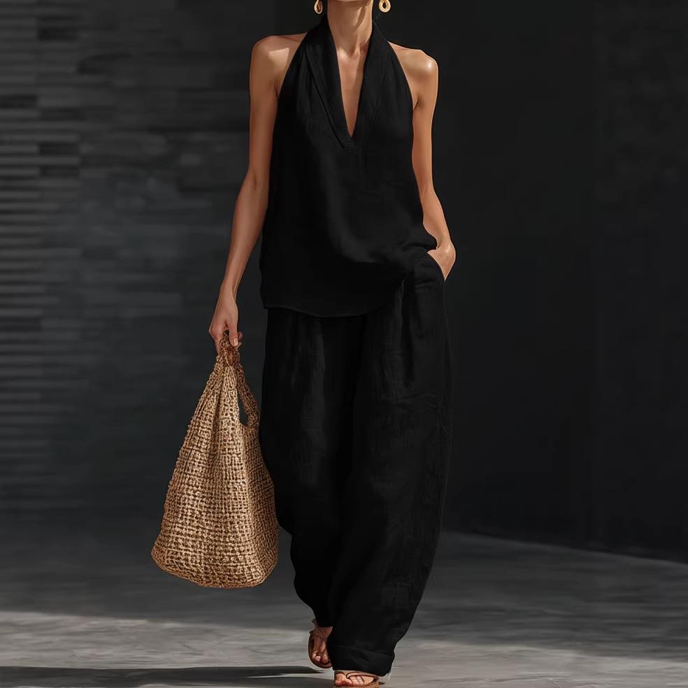 Boho Linen Two Piece Set - Perfect for Beach, Vacation & Brunch! Halter Neck Sleeveless Top Wide Leg Pants Set # TwoPieceSet # LinenSet # WideLegPants # HalterNeck # SummerOutfit # BohoFashion # CasualWear # Outfit of the Day # WomensFashion