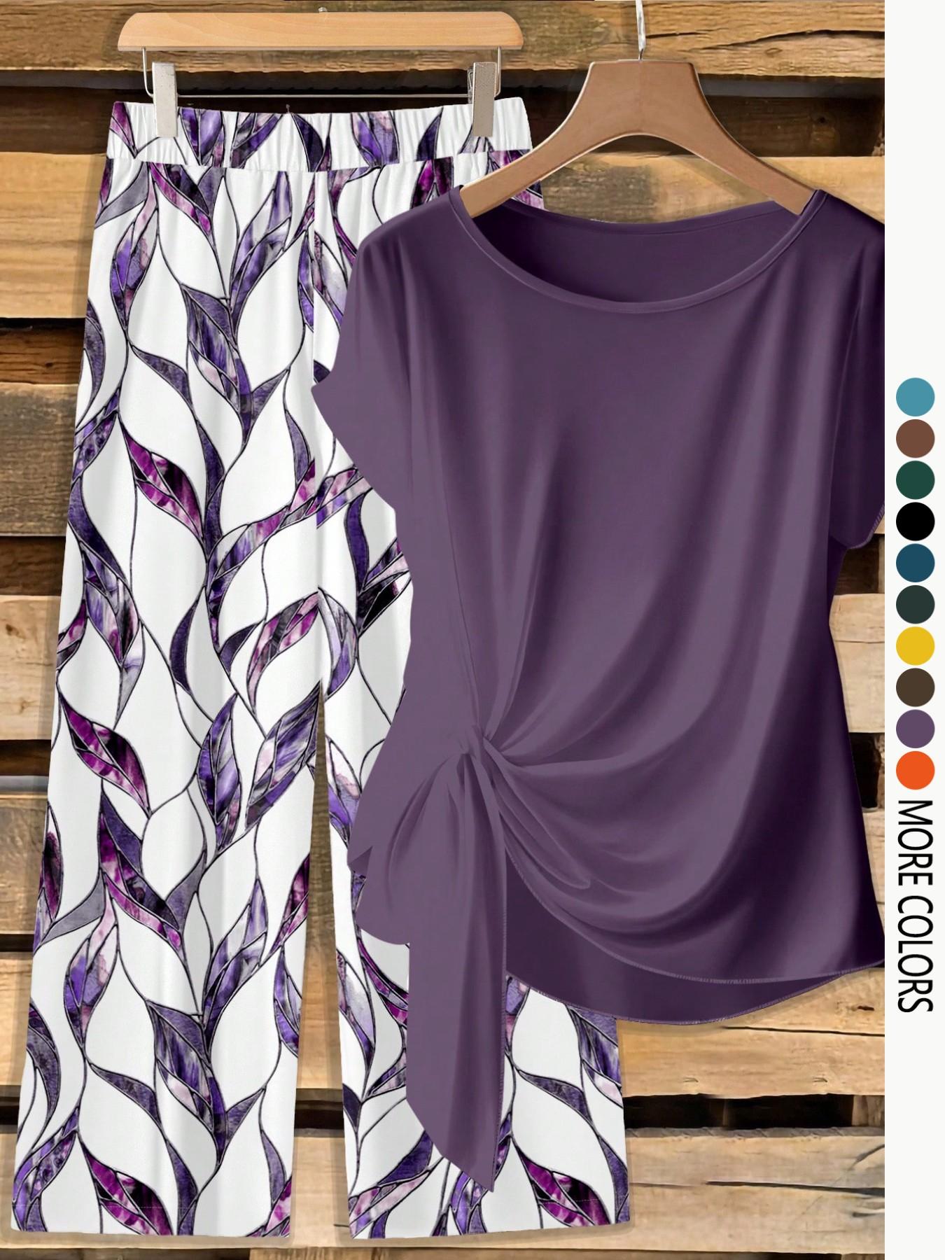 Women's Casual Printed Necktie Shirt and Loose Straight Pants Set, Perfect for Spring and Summer, Comfortable Two-Piece