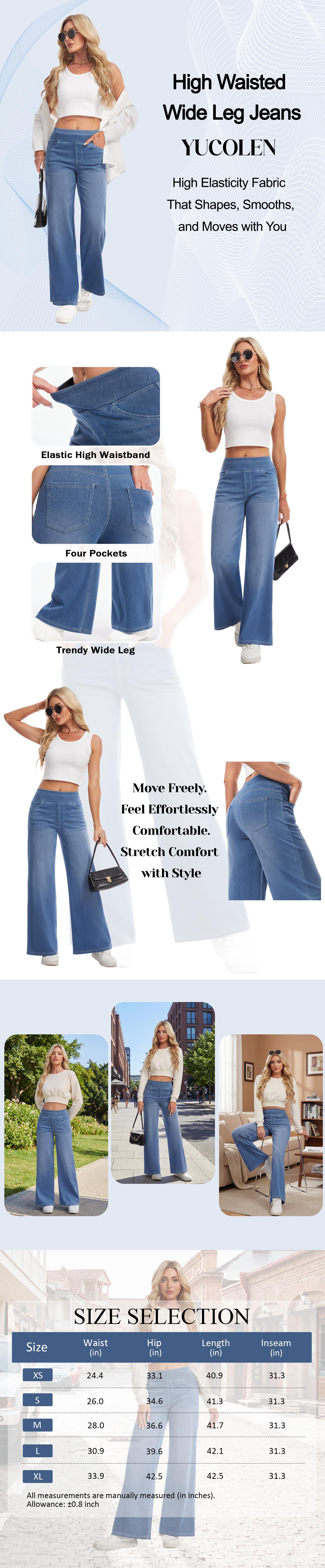 YUCOLEN Wide Leg Stretchy Jeans for Women Loose Fit Elastic High Waist Pants Pull On Baggy Fit Jeans Tummy Control Trousers Casual Work Wear (Regular Inseam) SummerVibes