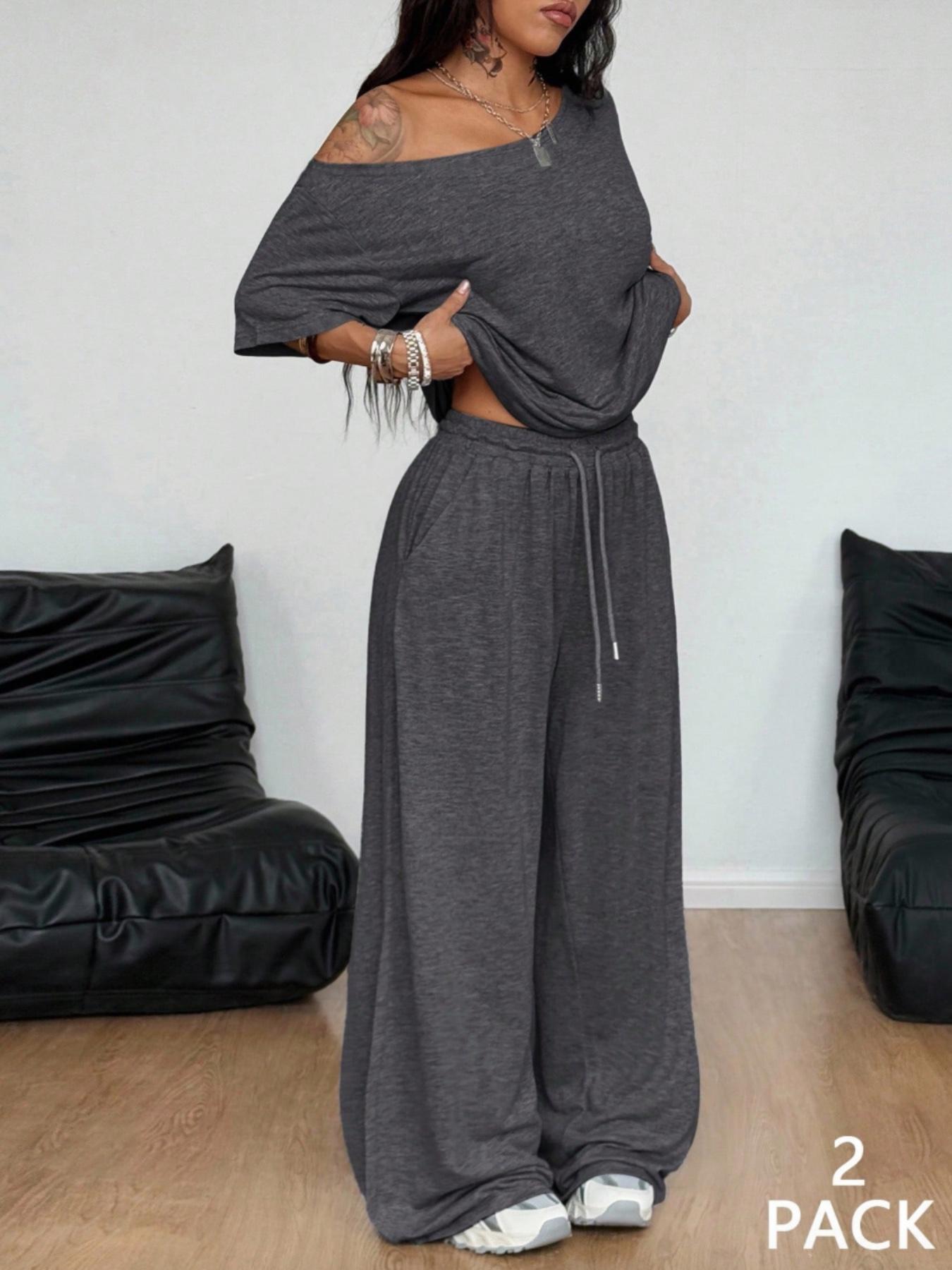 2pcs/Set Women's Minimalist Basic Daily Wear Going Out Sport Comfortable Off Shoulder T-Shirt And Wide Leg Pants Two Pieces Outfits 2pcs/Set Women's Minimalist Basic Daily Wear Going Out Sport Comfortable Off Shoulder T-Shirt And Wide Leg Pants Two Pieces Outfits