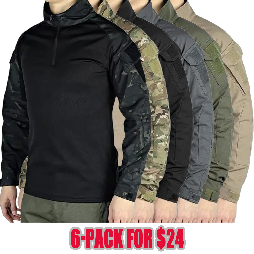 Men’s long-sleeve top with a half zipper and stand collar, available in six colors; camouflage color-block design, stretchy and breathable for outdoor wear.