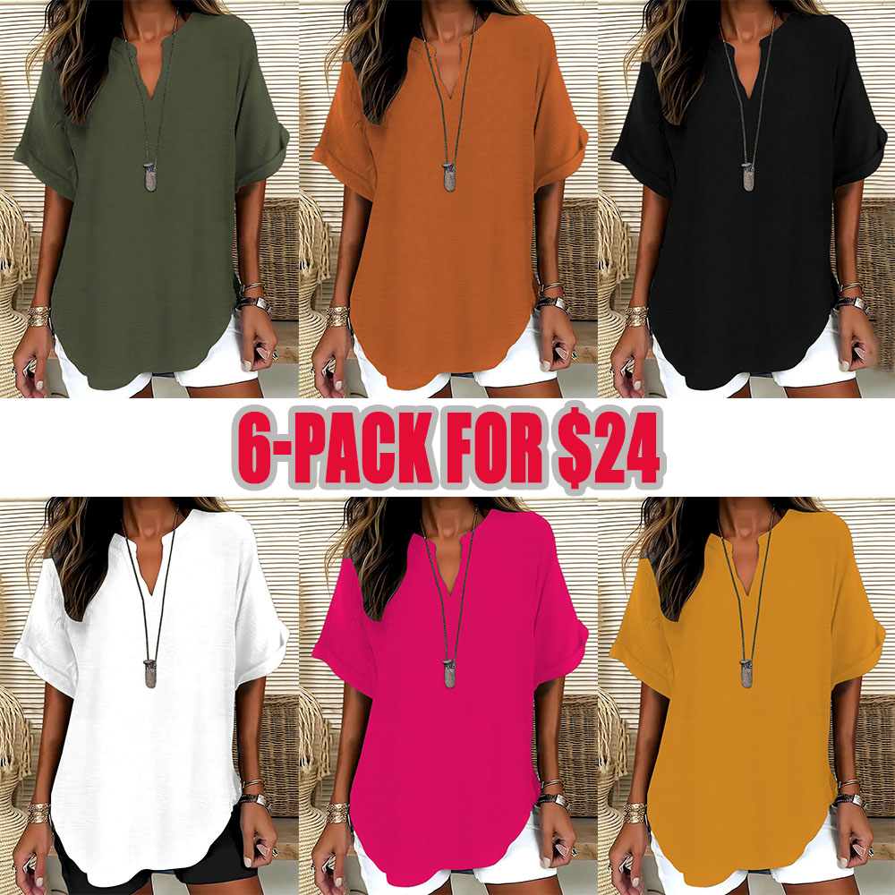 Elegant Minimalist Polyester V Neck Loose Fit Short Sleeve Blouse Shirt for Women