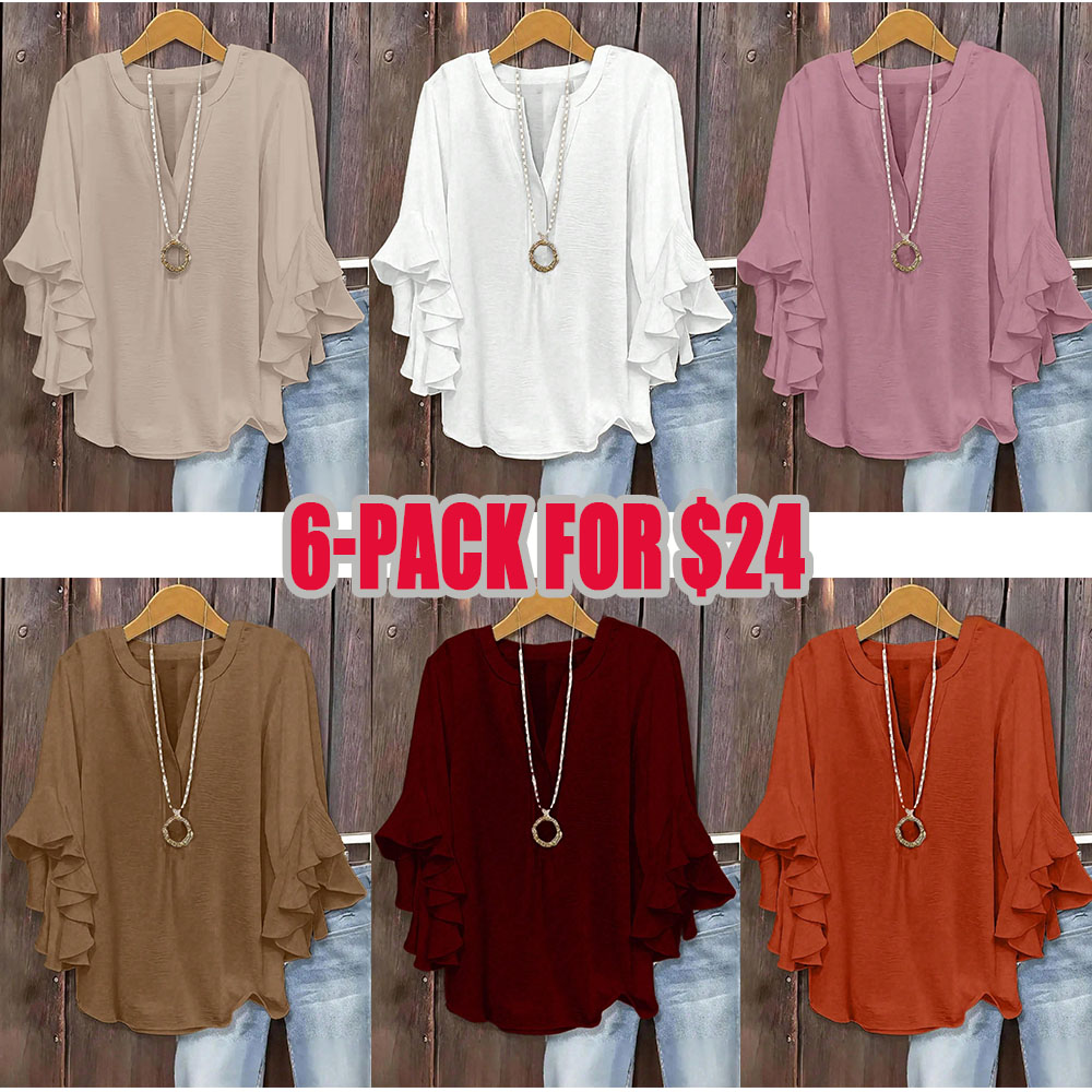 Plus Size Women's Ruffled Sleeve V-Neck Shirt Blouse Tops