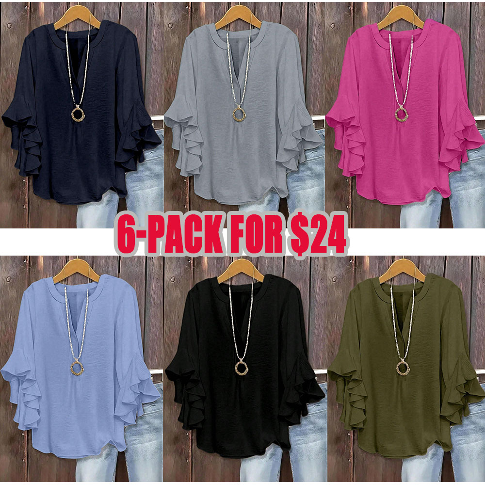 Plus Size Women's Ruffled Sleeve V-Neck Shirt Blouse Tops