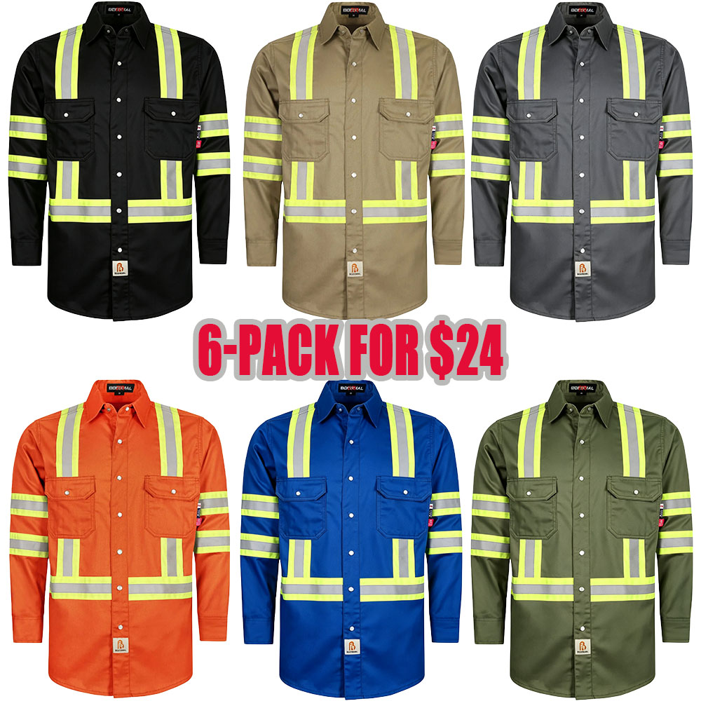 6.5 oz French hi-vis work shirts with pearl snap closure