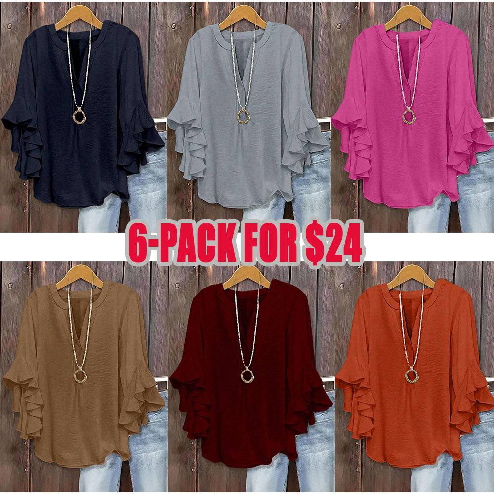 Plus Size Women's Ruffled Sleeve V-Neck Shirt Blouse Tops