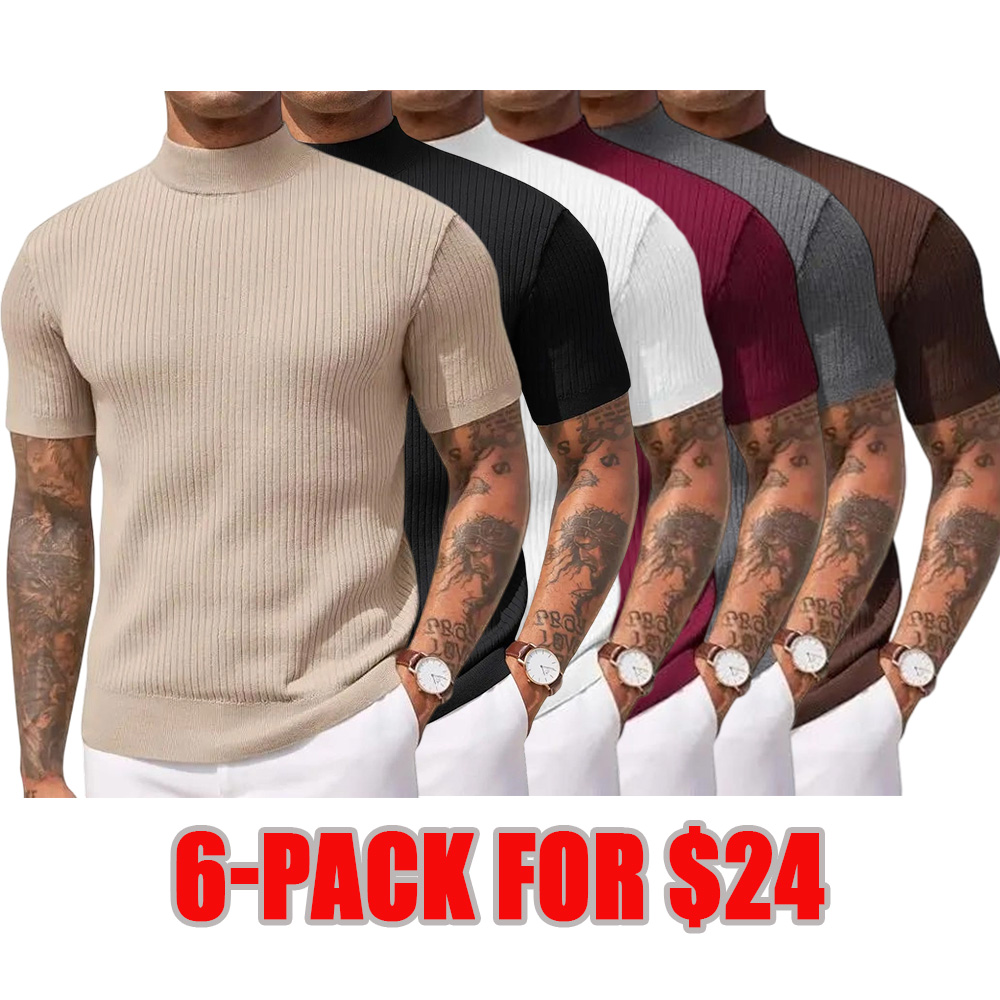 Men's Mock Turtleneck Sweater Short Sleeve Casual Basic Tops Ribbed Knit Pullover Solid Tee