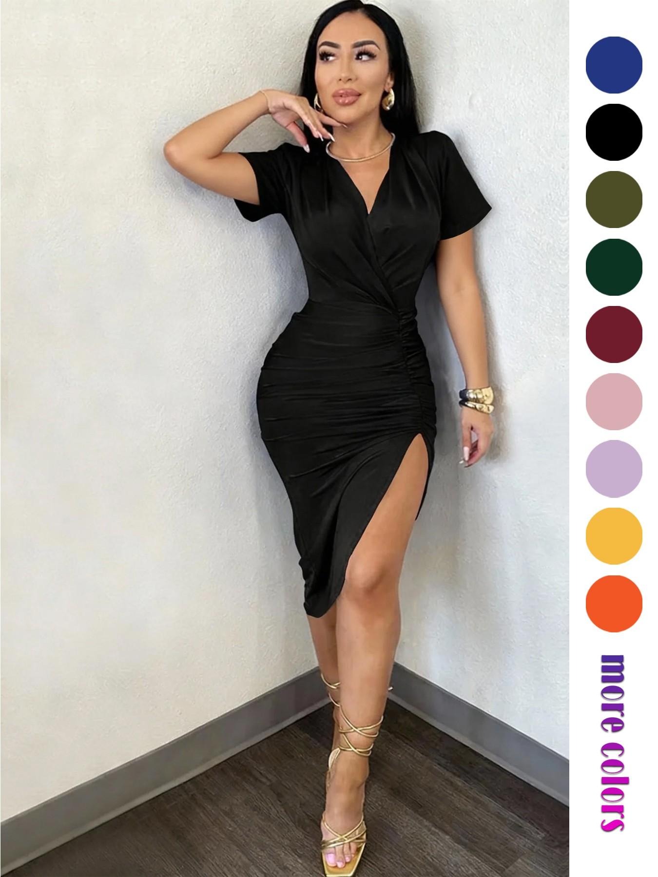 Elegant Pleated Collar Bodycon Fit Dress, Short Sleeve Summer Dress, Split Hem, Perfect for Parties, Weddings, Office Wear, Elegant Party Apparel, Women's Fashion, Elegant Dresses Elegant Pleated Collar Bodycon Fit Dress, Short Sleeve Summer Dress, Split Hem, Perfect for Parties, Weddings, Office Wear, Elegant Party Apparel, Women's Fashion, Elegant Dresses