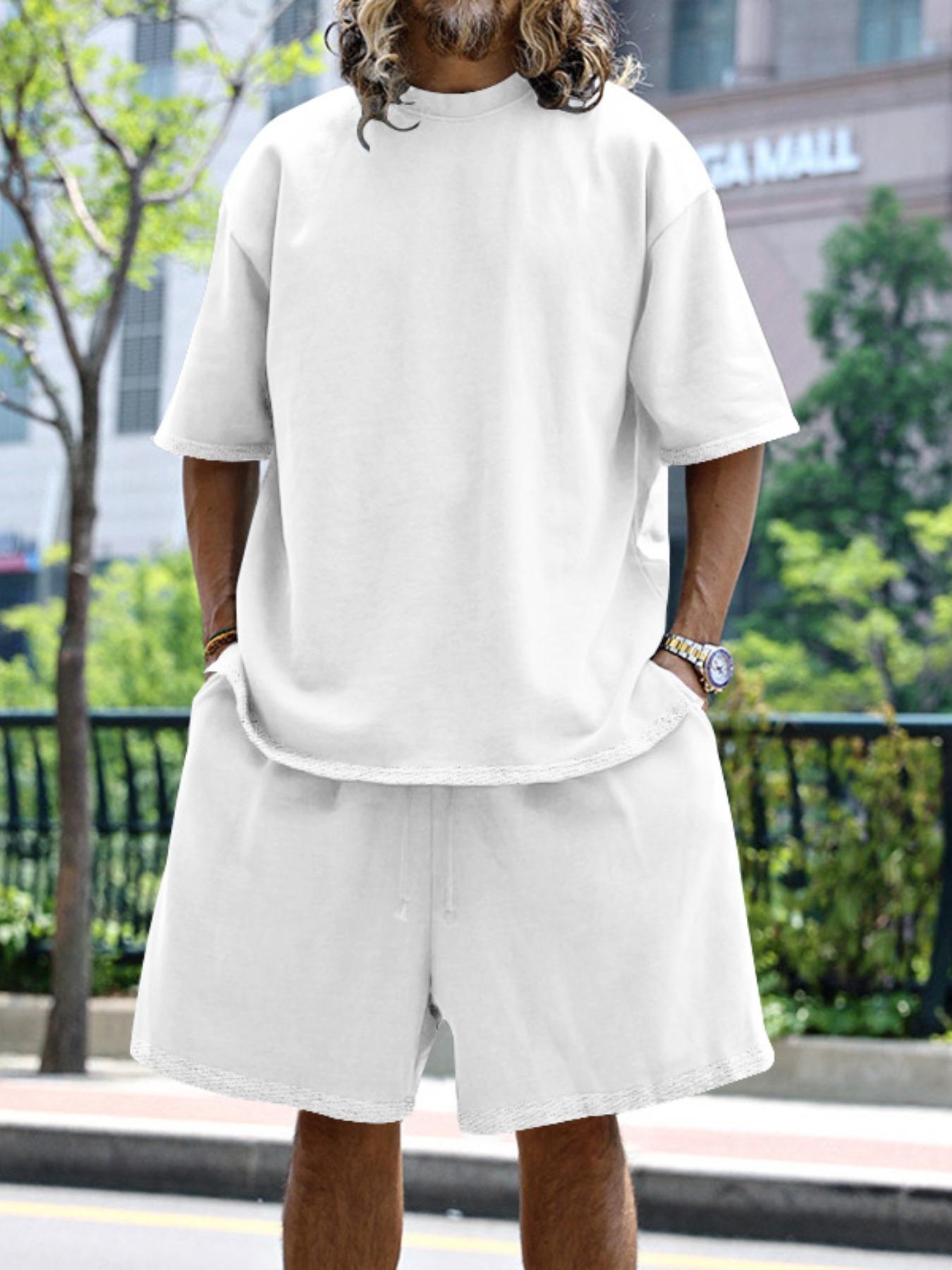 Men's Summer Casual Set, Pure Color Round Neck Short Sleeve Knit Tee & Shorts, Classic Loose Fit Sportswear, Comfortable Daily Wear Outfit Men's Summer Casual Set, Pure Color Round Neck Short Sleeve Knit Tee & Shorts, Classic Loose Fit Sportswear, Comfortable Daily Wear Outfit