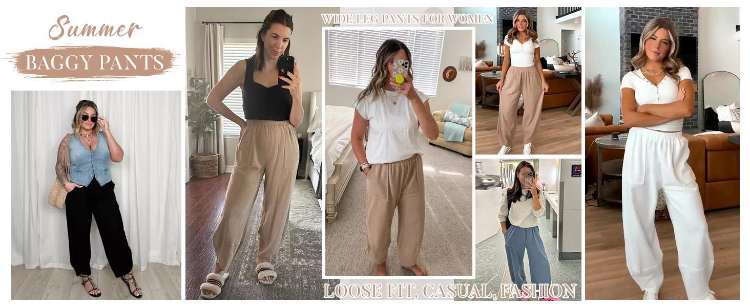 Tanming Women's Baggy Wide-Leg Pants - Casual, Elastic-Waisted, Bohemian Minimalist Basic Women's Clothes Bottom with Pockets,summerwins Tanming Women's Baggy Wide-Leg Pants - Casual, Elastic-Waisted, Bohemian Minimalist Basic Women's Clothes Bottom with Pockets,summerwins