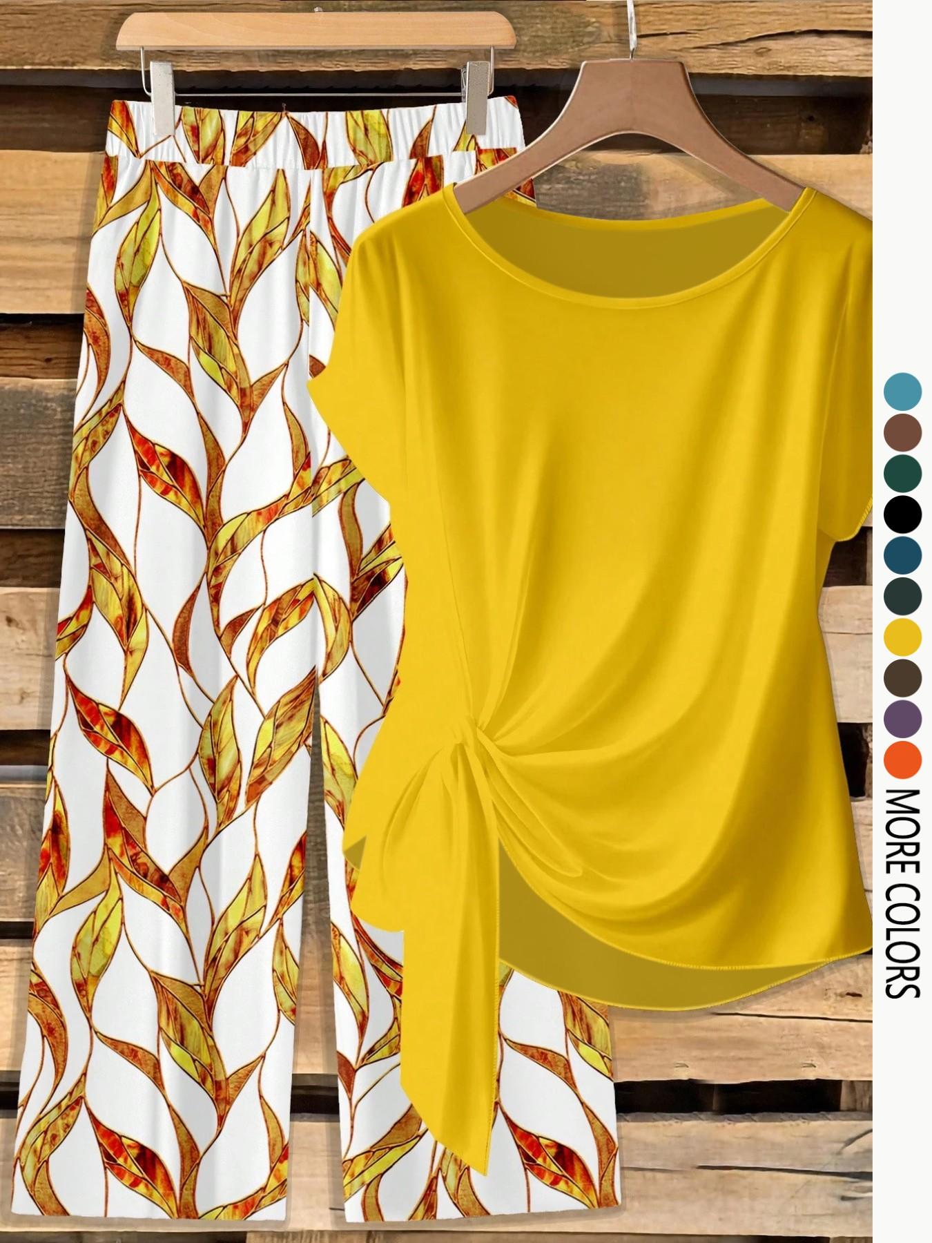 Women's Casual Printed Necktie Shirt and Loose Straight Pants Set, Perfect for Spring and Summer, Comfortable Two-Piece