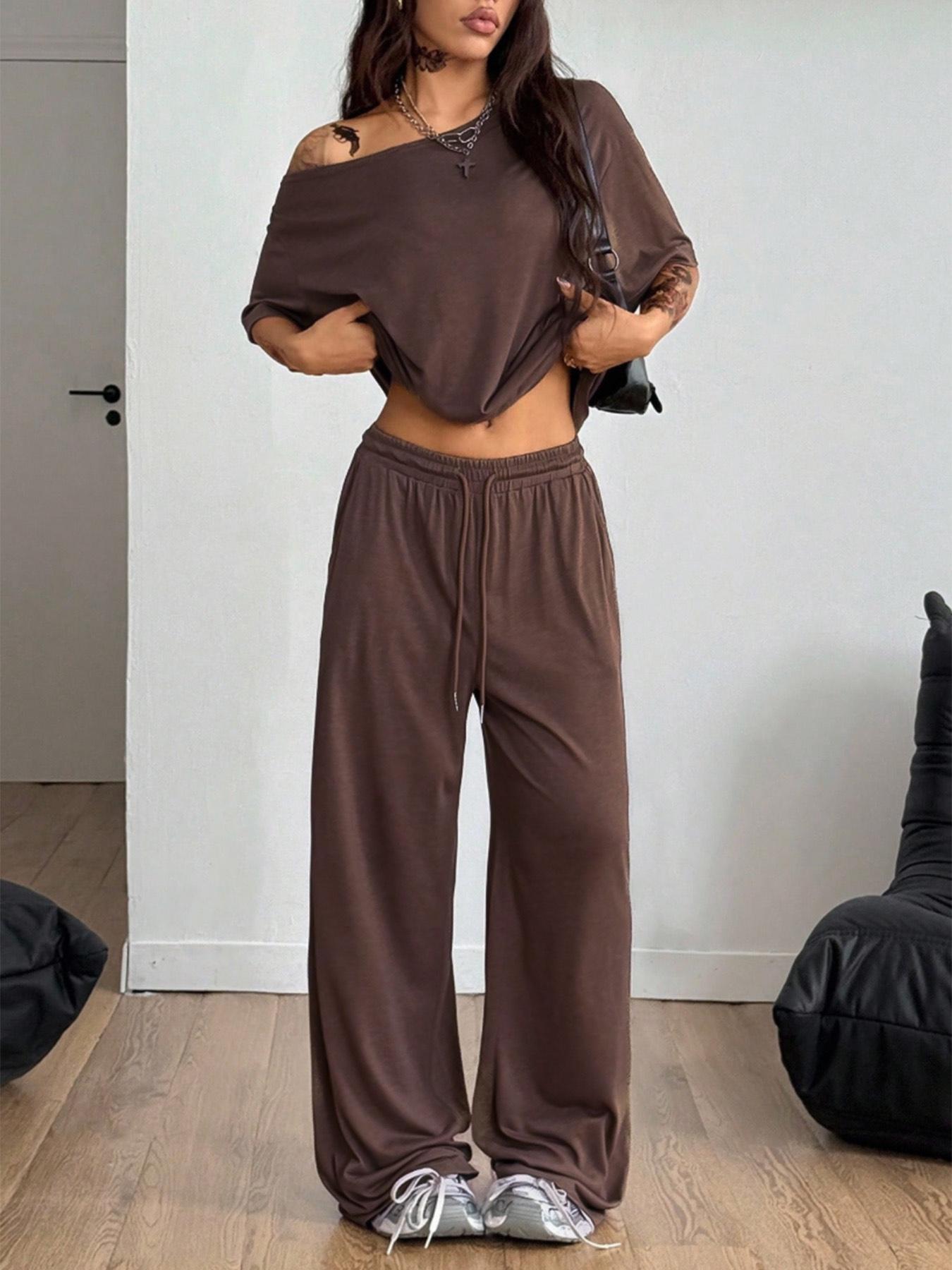 2pcs/Set Women's Minimalist Basic Daily Wear Going Out Sport Comfortable Off Shoulder T-Shirt And Wide Leg Pants Two Pieces Outfits 2pcs/Set Women's Minimalist Basic Daily Wear Going Out Sport Comfortable Off Shoulder T-Shirt And Wide Leg Pants Two Pieces Outfits