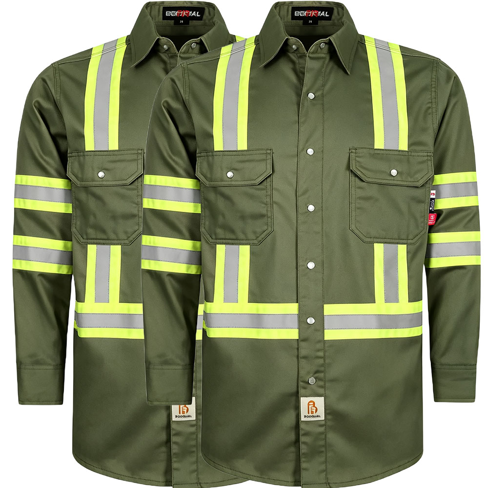 6.5 oz French hi-vis work shirts with pearl snap closure
