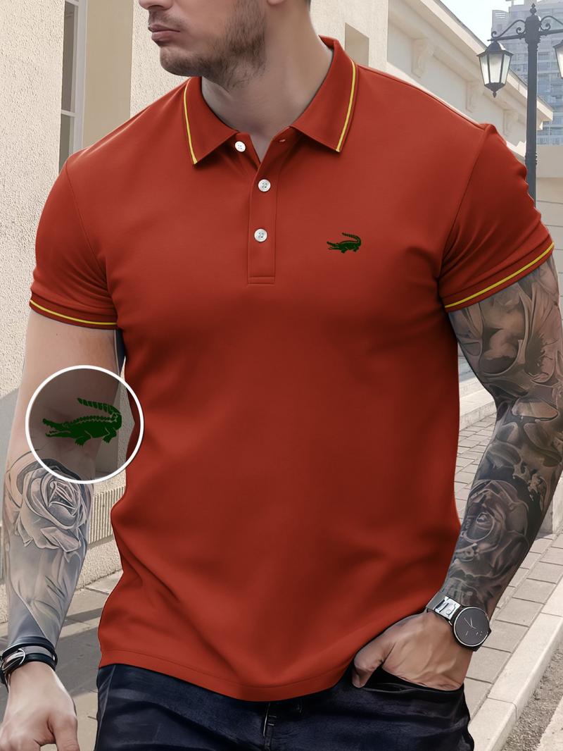 Men's Regular Fit Letter Print Contrast Trim Polo Shirt, Casual Short Sleeve Half Zip Top for Summer, Fashion Men's Clothes for Daily Wear, Tropical