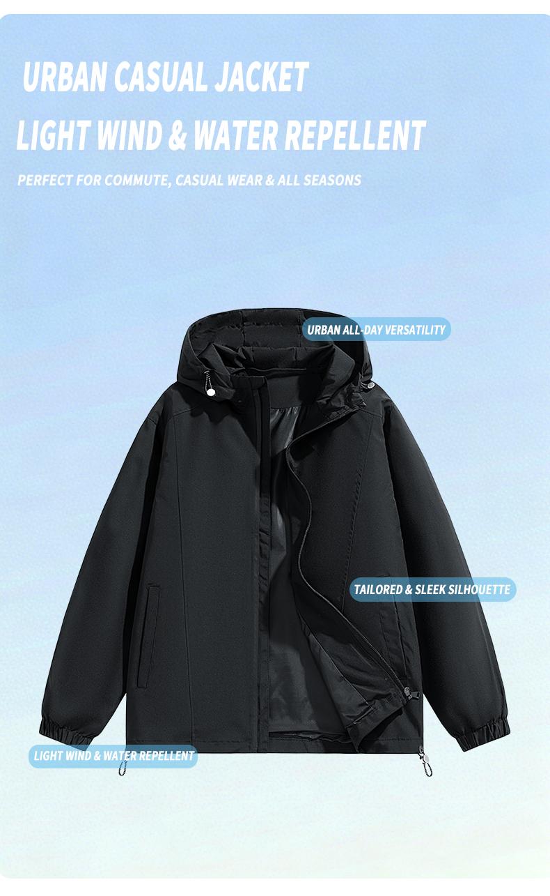 Men&rsquo;s Loose-Fit Hooded Windproof Waterproof Polyester Plain Long-Sleeve Tops - Adjustable Drawstring Hem, Zipper Closure, Casual Outdoor Menswear Outerwear for Everyday Wear