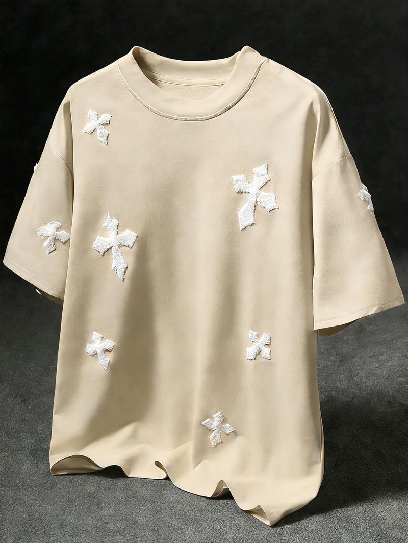 Men's Cross Stitch Embroidered Solid Color Round Neck T-Shirt, Casual Fitted Long Sleeve Top for All Seasons, Sporty College Style