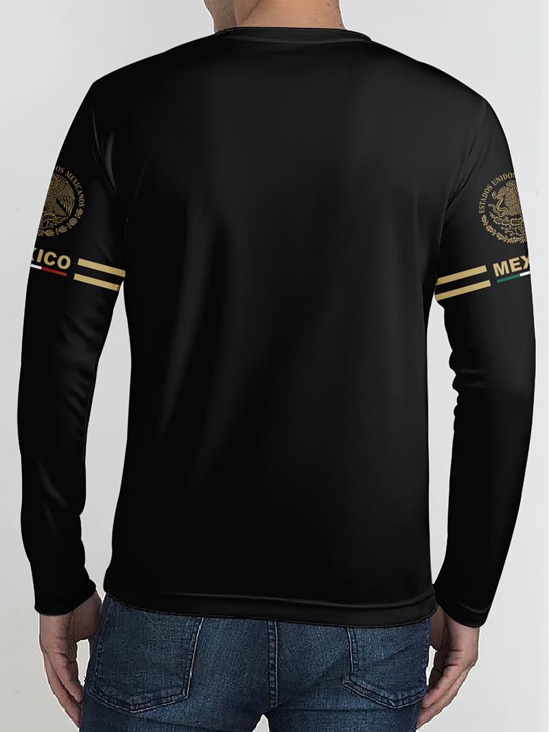Men's 3D Print Long Sleeve T-Shirt, Breathable Comfort, Casual Sports Mexican Pattern, Fitted Crop Top, All Seasons Wear