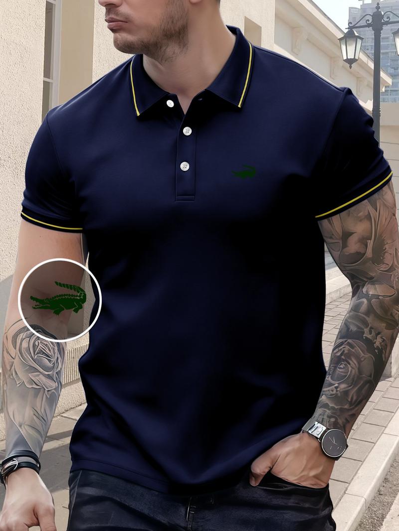 Men's Regular Fit Letter Print Contrast Trim Polo Shirt, Casual Short Sleeve Half Zip Top for Summer, Fashion Men's Clothes for Daily Wear, Tropical