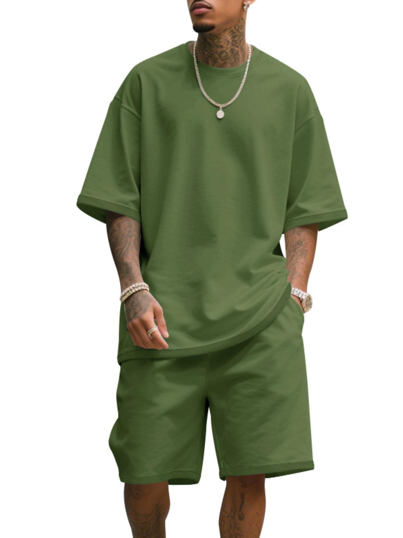 Men's Summer Casual Set, Pure Color Round Neck Short Sleeve Knit Tee & Shorts, Classic Loose Fit Sportswear, Comfortable Daily Wear Outfit Men's Summer Casual Set, Pure Color Round Neck Short Sleeve Knit Tee & Shorts, Classic Loose Fit Sportswear, Comfortable Daily Wear Outfit