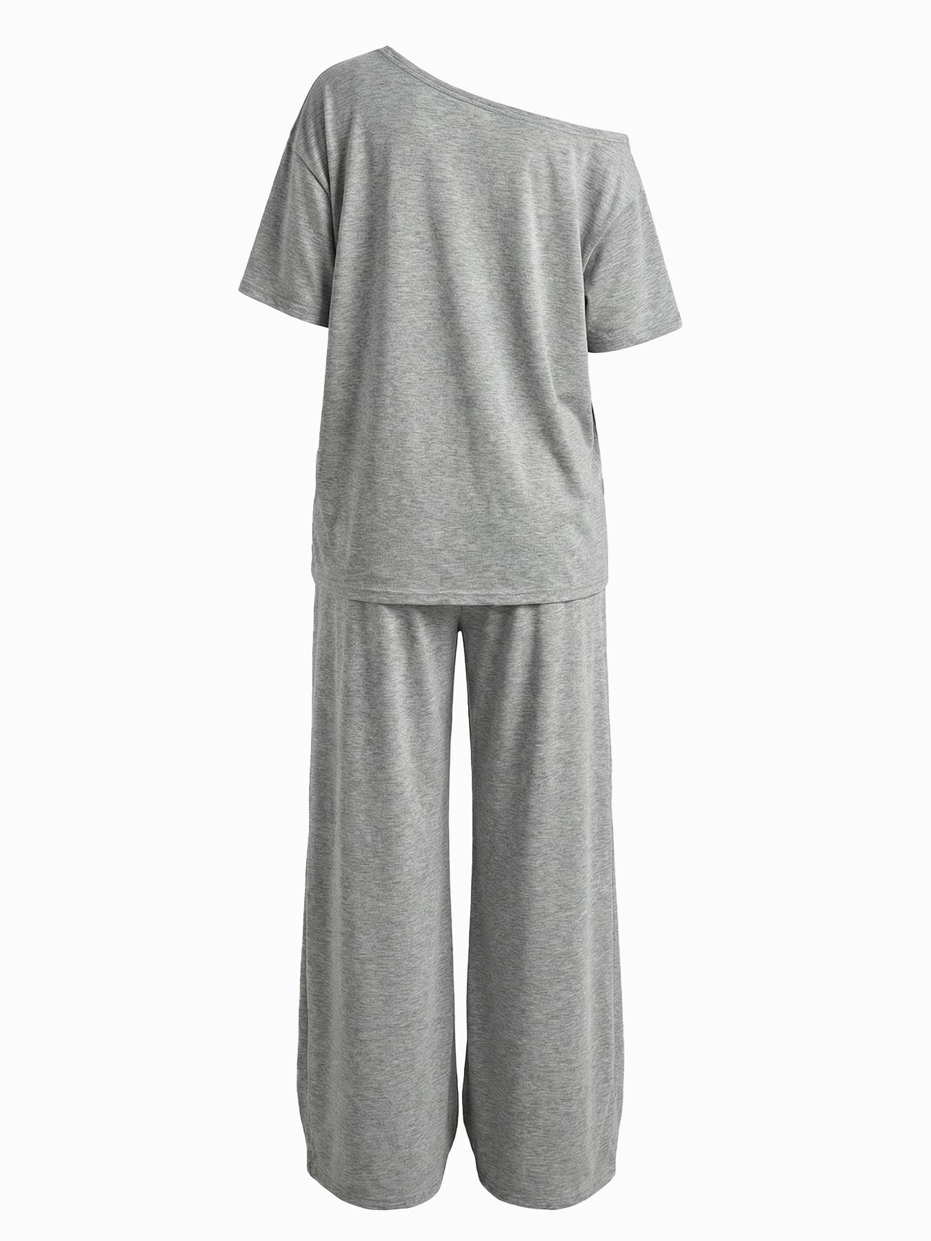 2pcs/Set Women's Minimalist Basic Daily Wear Going Out Sport Comfortable Off Shoulder T-Shirt And Wide Leg Pants Two Pieces Outfits 2pcs/Set Women's Minimalist Basic Daily Wear Going Out Sport Comfortable Off Shoulder T-Shirt And Wide Leg Pants Two Pieces Outfits