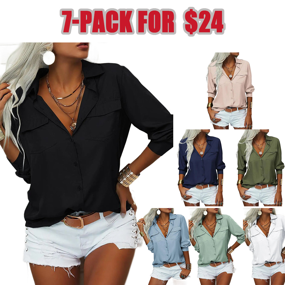 Women‘s Solid Lapel Long Sleeves Button Down Shirt Top Casual Basic Office Blouse