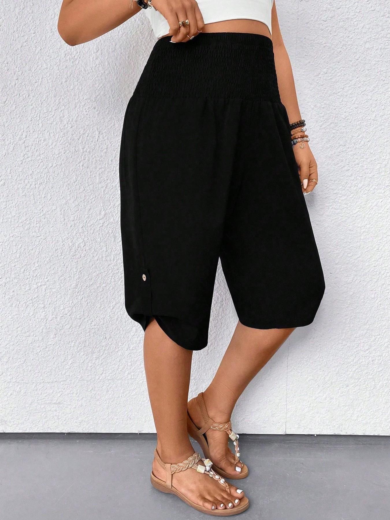Women's Casual Tummy Control High Waist Fitted Wide Leg Capri Pants Smocked Waist Button Hem Loose Fit Cropped Trousers Summer Shorts Beach Vacation Lounge Daily Work Outfits Solid Black Stretchy Soft Breathable Lightweight Spring Break 2026 Plus Size Women's Casual Tummy Control High Waist Fitted Wide Leg Capri Pants Smocked Waist Button Hem Loose Fit Cropped Trousers Summer Shorts Beach Vacation Lounge Daily Work Outfits Solid Black Stretchy Soft Breathable Lightweight Spring Break 2026 Plus Size