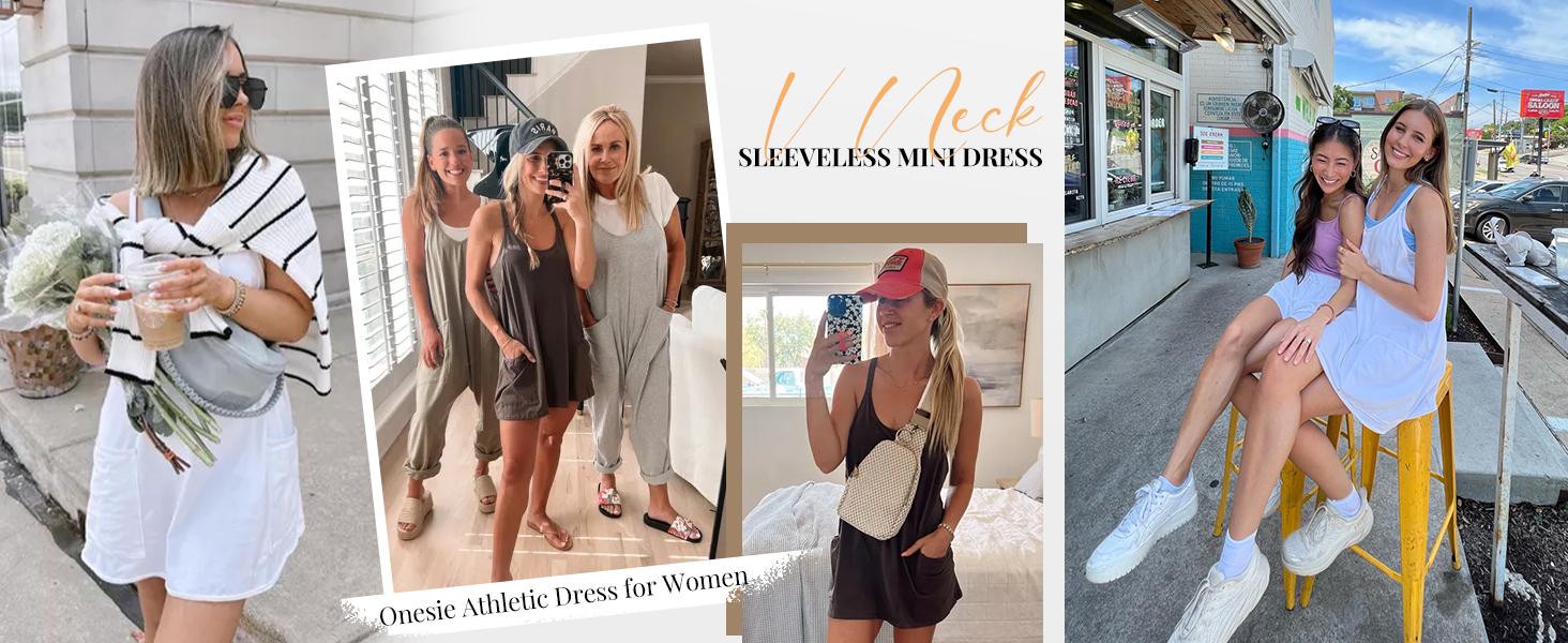 UANEO Women's Summer Sleeveless Mini Dress V Neck Spaghetti Straps Athletic Built-in Shorts Sundress SummerVibes