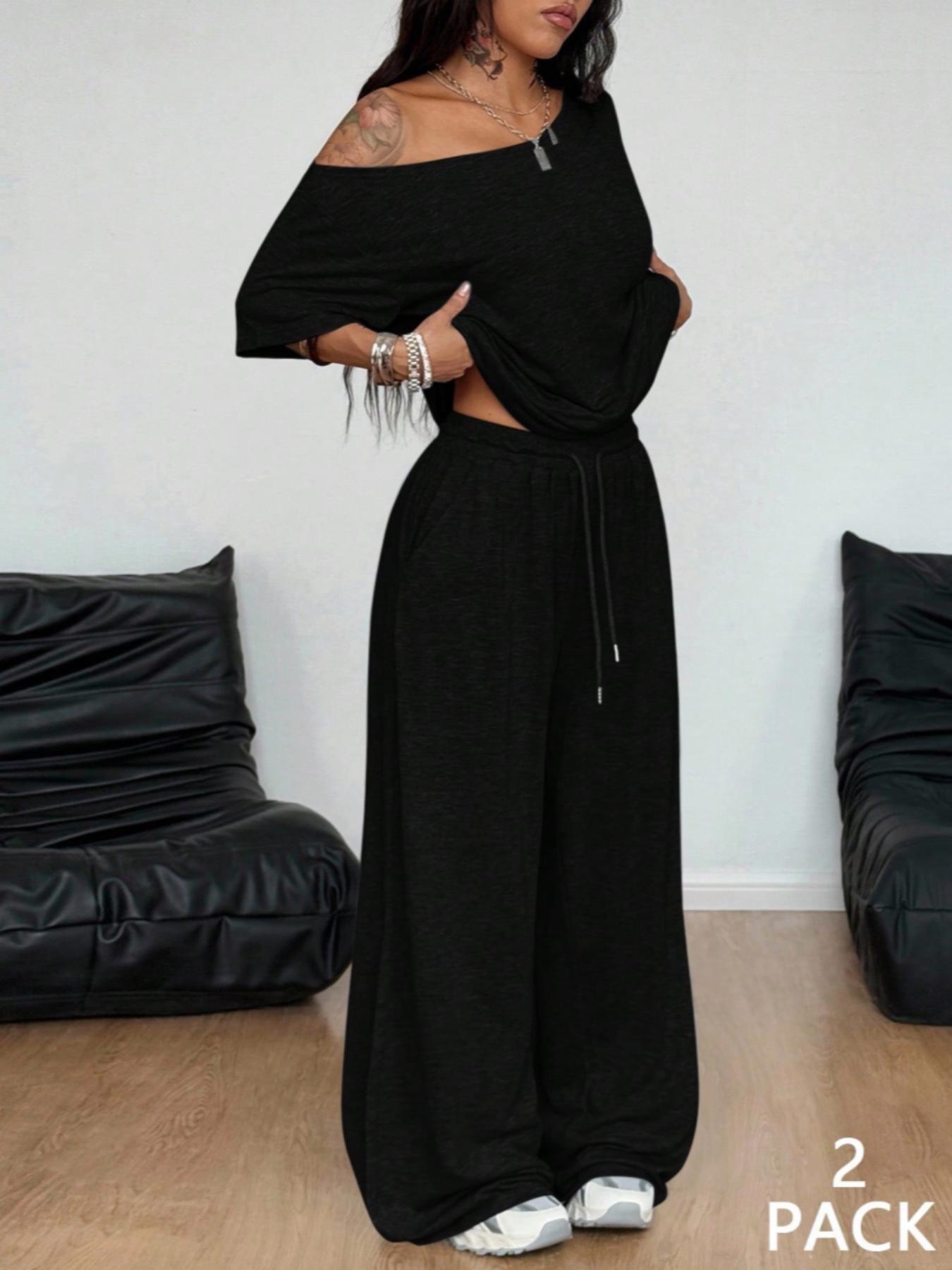 2pcs/Set Women's Minimalist Basic Daily Wear Going Out Sport Comfortable Off Shoulder T-Shirt And Wide Leg Pants Two Pieces Outfits 2pcs/Set Women's Minimalist Basic Daily Wear Going Out Sport Comfortable Off Shoulder T-Shirt And Wide Leg Pants Two Pieces Outfits