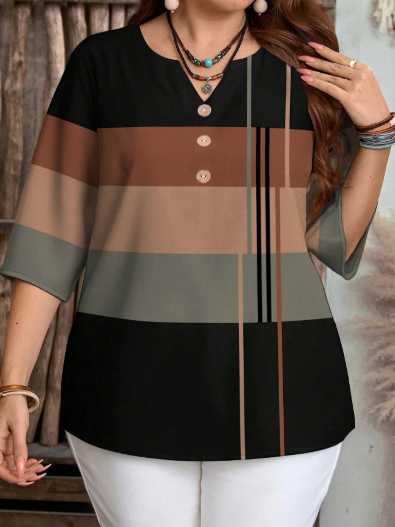Plus Size Women's Color Block Chic Casual Loose Short Sleeve Blouse Shirt, Striped Pattern Half Sleeve Top for Spring & Summer