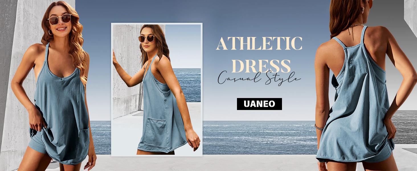UANEO Women's Summer Sleeveless Mini Dress V Neck Spaghetti Straps Athletic Built-in Shorts Sundress SummerVibes