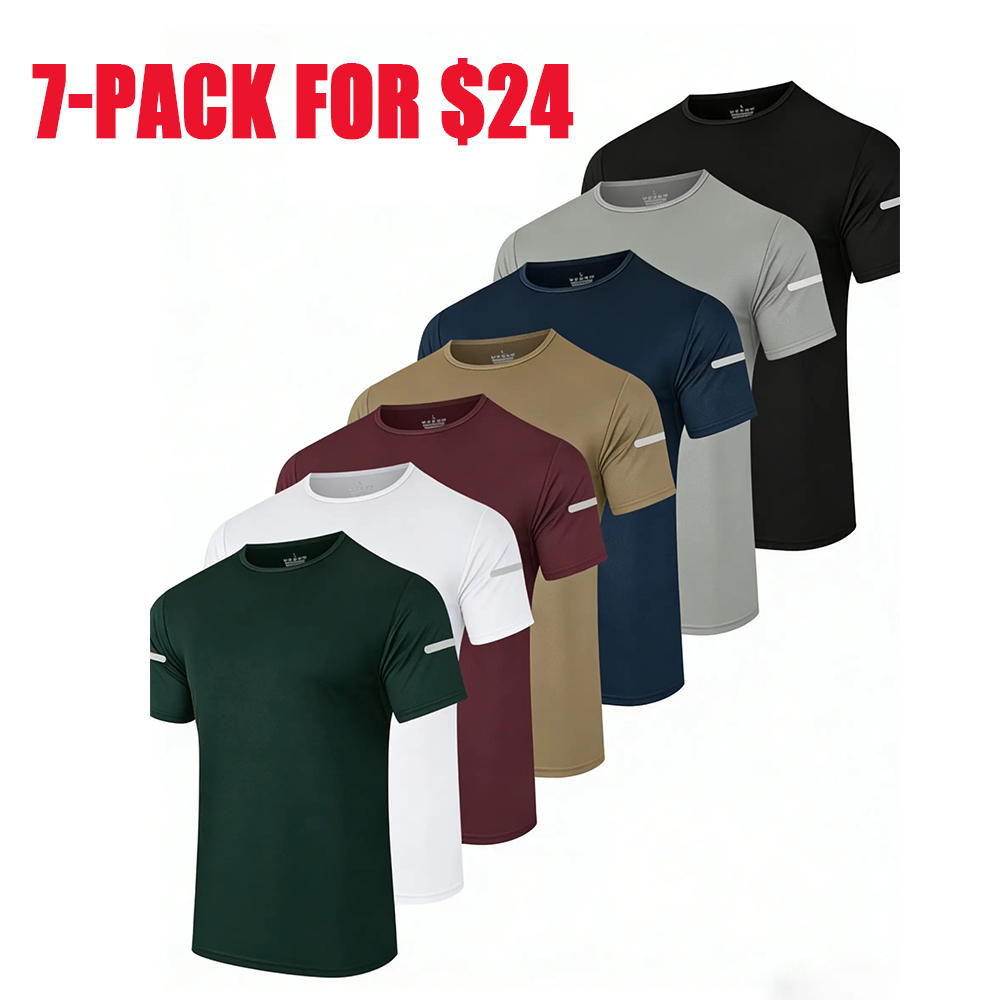 7-pack men's printed reflective striped sports T-shirts, quick-drying and breathable