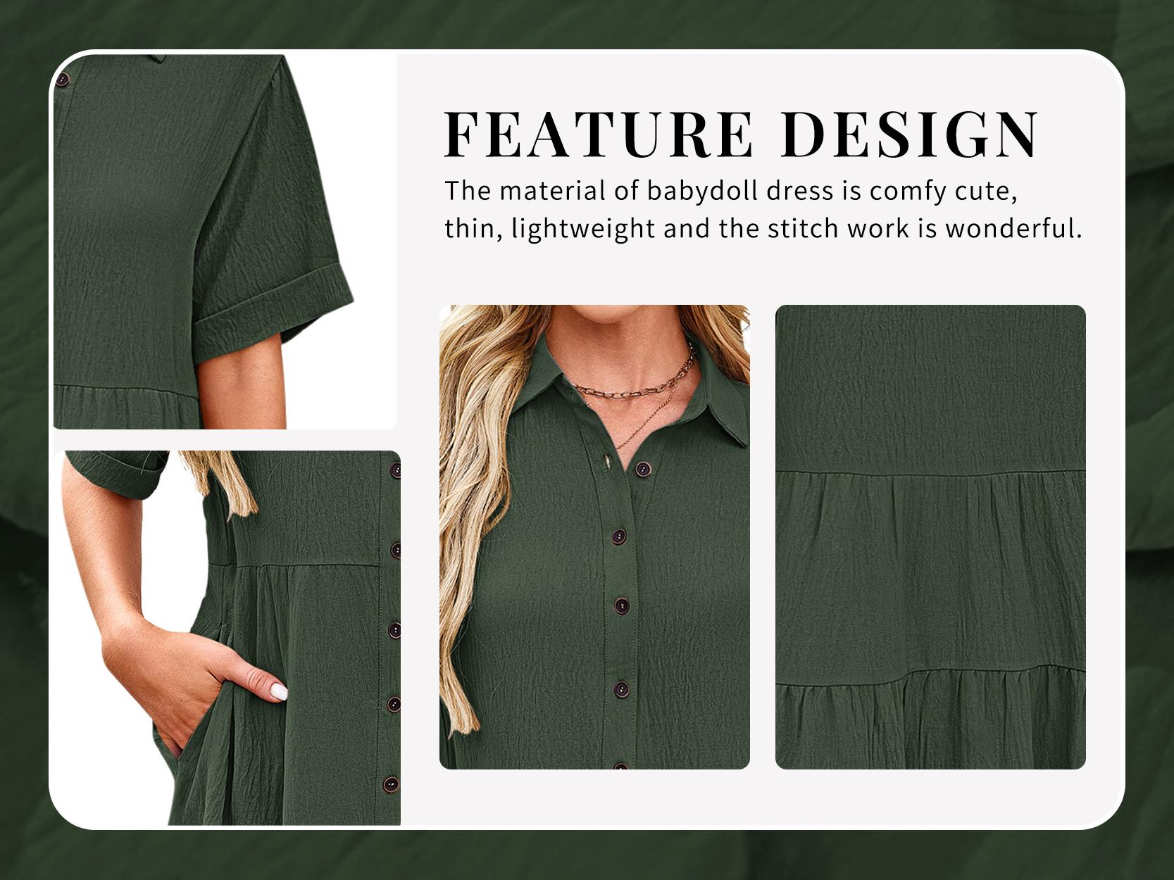 AUSELILY Babydoll Dress for Women Short Sleeve Button Down Textured Non-clingy Loose Fit Flowy Mini Dress with Pockets 2026 New Summer Dress