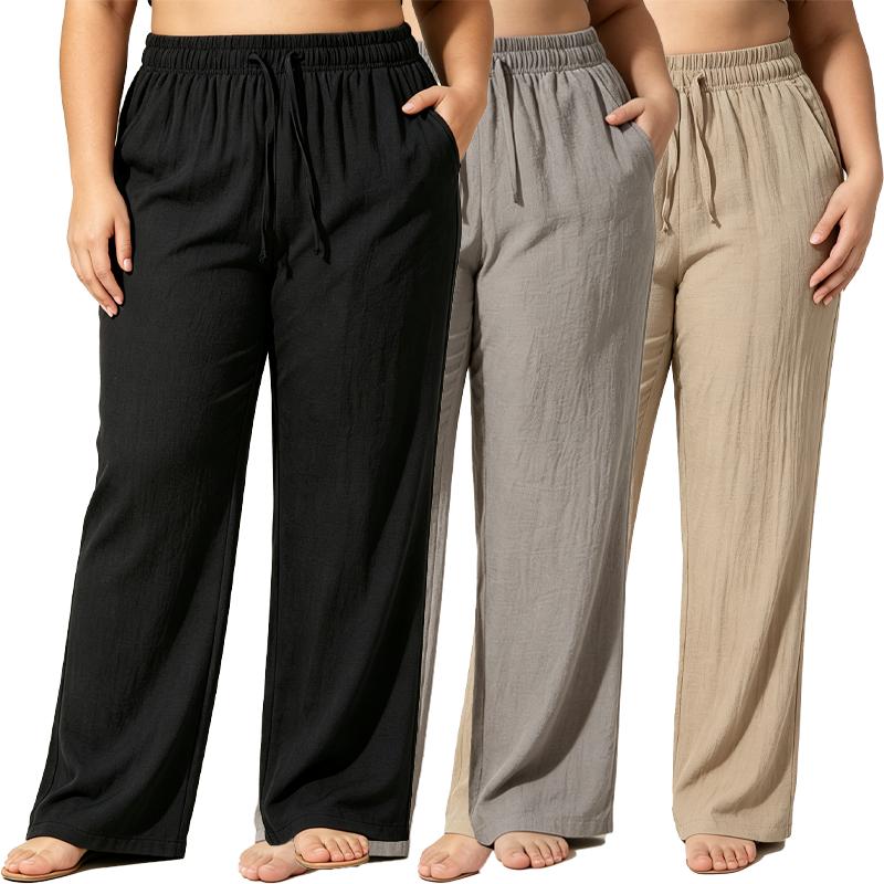 3-pack drawstring joggers for curvy/slightly fuller women, featuring a linen texture, high elastic waistband, loose wide legs, and side pockets; breathable and lightweight summer casual beach workout pants.