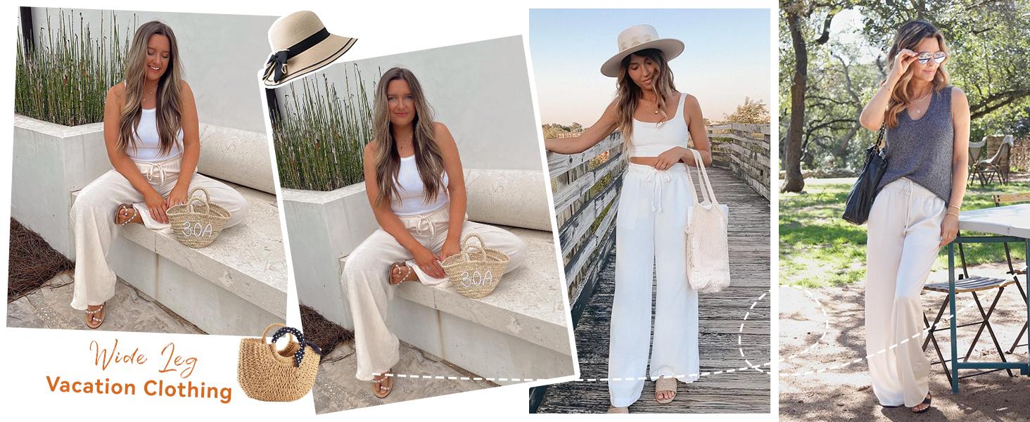 UANEO Women's Cotton Linen Summer Palazzo Pants Flowy Wide Leg Beach Trousers with Pockets Casual Womenswear