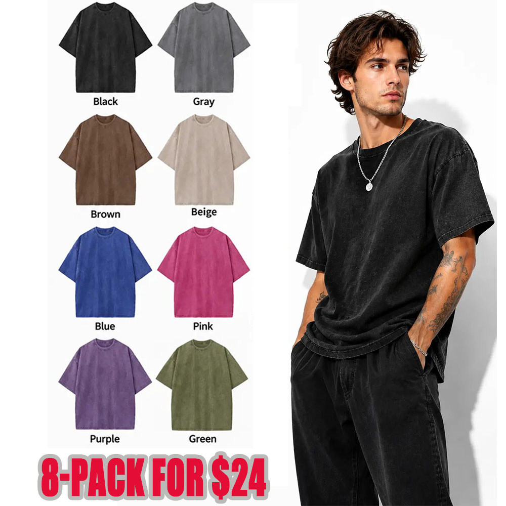 Unisex Acid Wash Oversized Cotton T-Shirts Crew Neck Half Sleeve Loose Casual Streetwear Summer Tops